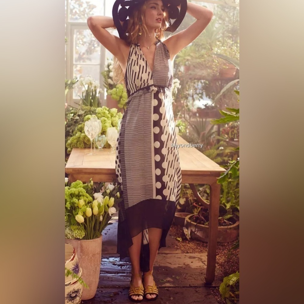 NEW! Anthropologie Maeve Hi-Low Channeled Dot Halter Maxi Dress Black White Sz 0